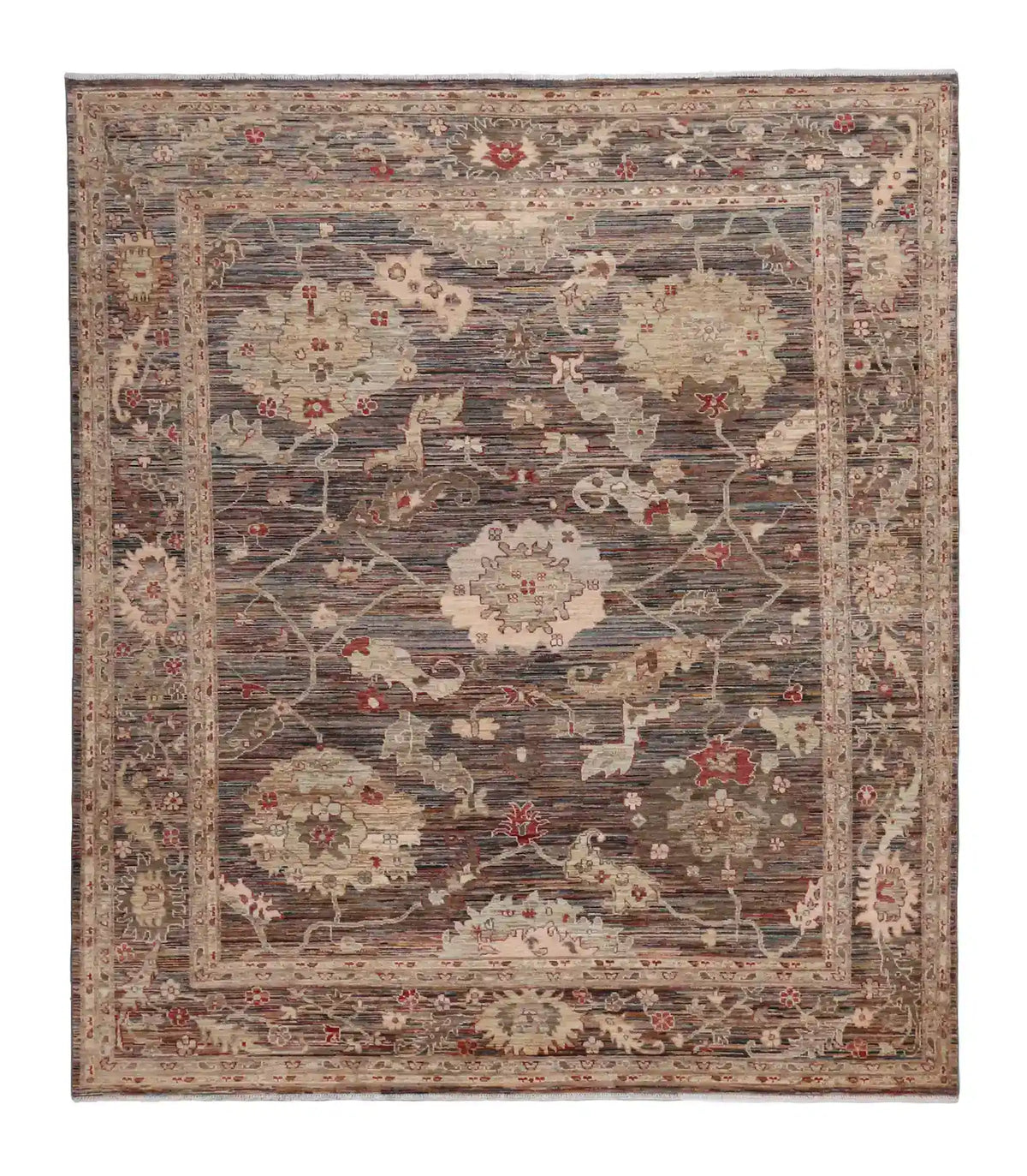Gray-Brown Afghan Rug with Light Flowers & Red Accents, 296 × 246 cm, overall view.