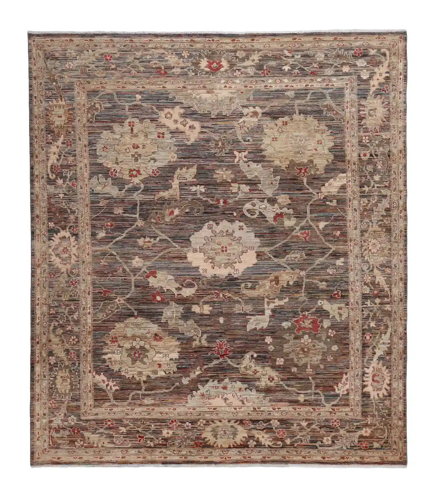 Gray-Brown Afghan Rug with Light Flowers & Red Accents, 296 × 246 cm, overall view.