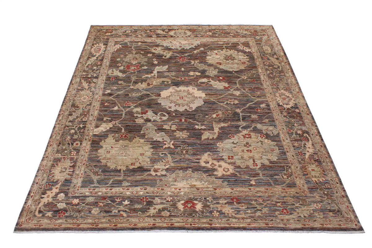 Gray-Brown Afghan Rug with Light Flowers & Red Accents, 296 × 246 cm, view 2.