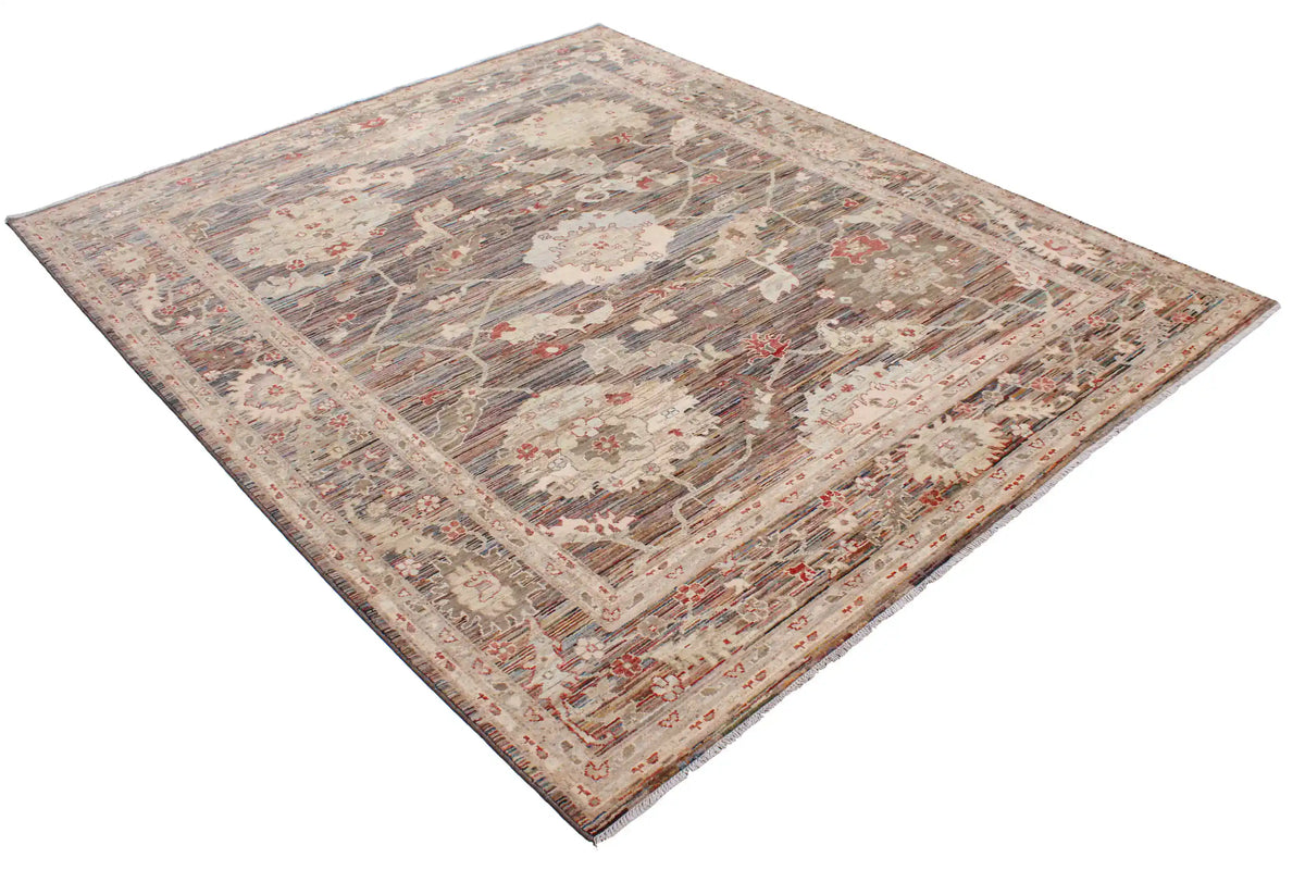 Gray-Brown Afghan Rug with Light Flowers & Red Accents, 296 × 246 cm, view 3.