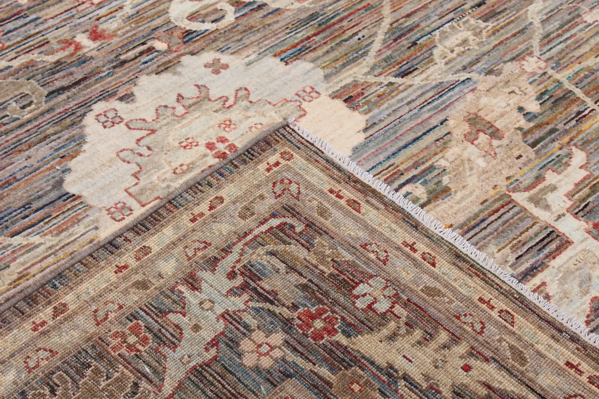 Gray-Brown Afghan Rug with Light Flowers & Red Accents, 296 × 246 cm, view 7.
