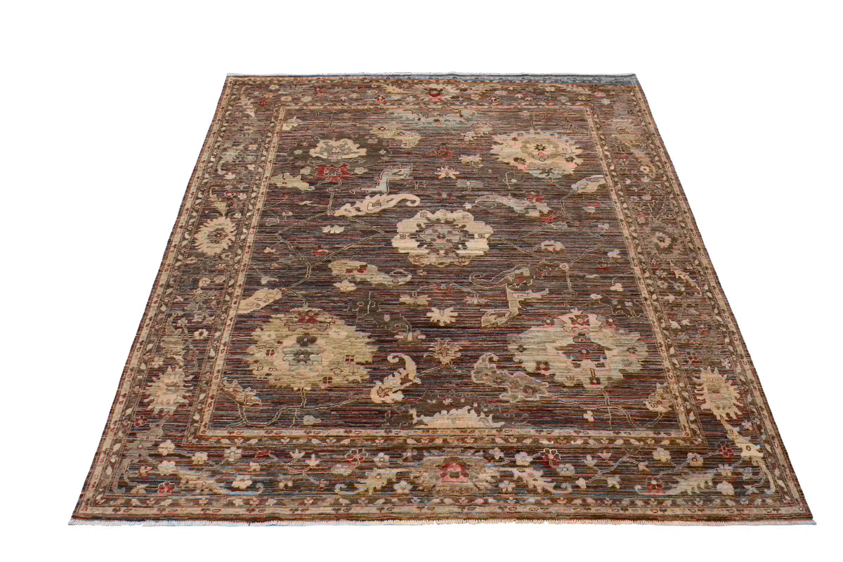 Dark Brown Wool Rug with Large Cream Flowers, 290 × 244 cm, view 2.