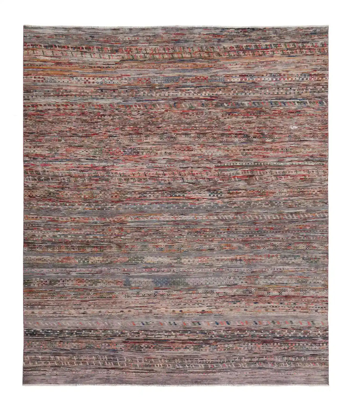 Berjasta Rug with Gray & Red Horizontal Lines, 296 × 246 cm, overall view.