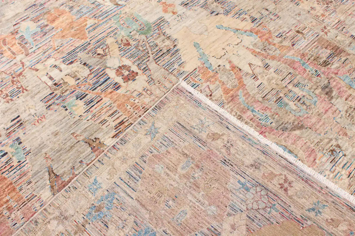 Afghan Rug with Blue, Cream & Gold Leaf Motifs, 342 × 250 cm, view 6.