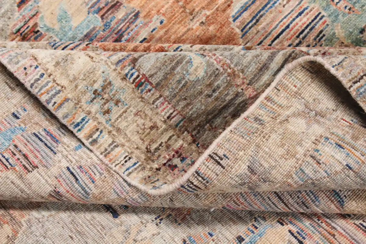 Afghan Rug with Blue, Cream & Gold Leaf Motifs, 342 × 250 cm, view 8.