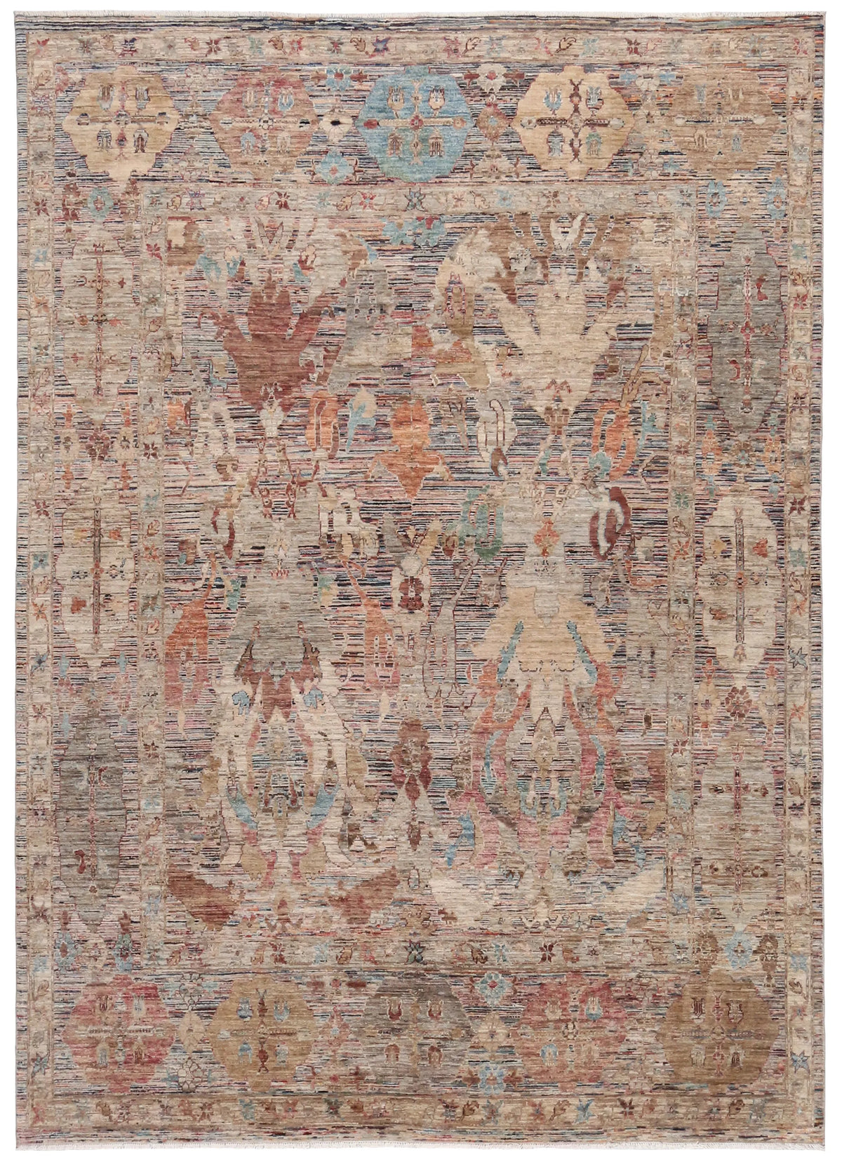 Afghan Rug with Blue, Cream & Gold Leaf Motifs, 342 × 250 cm, overall view.