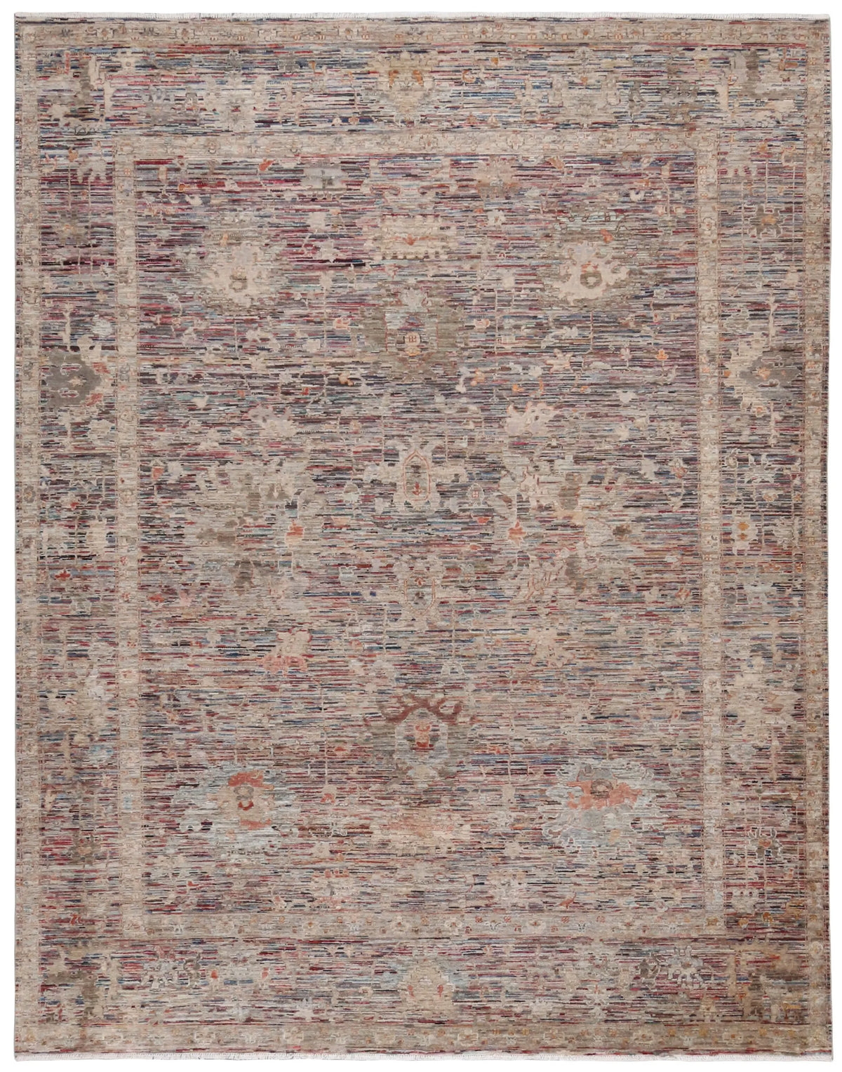 Gray & Mauve Afghan Rug with Fine Motifs, 363 × 276 cm, overall view.