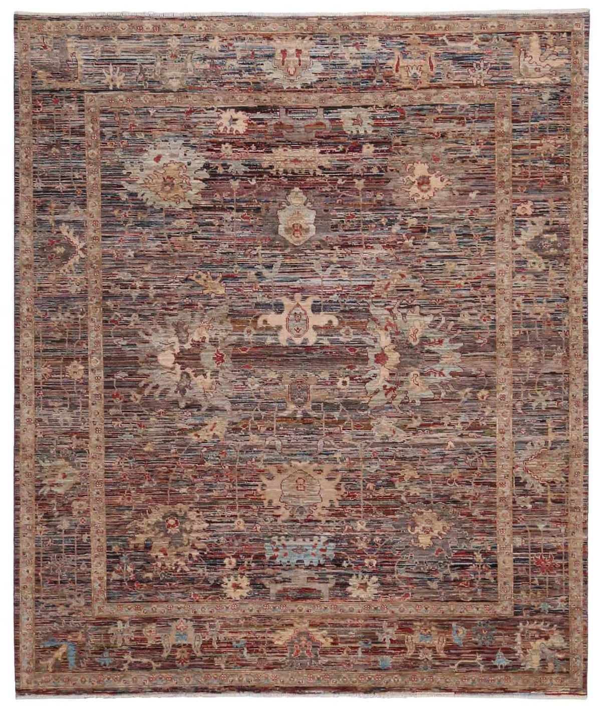 Dark Brown Afghan Rug with Light Flowers, 293 × 243 cm, overall view.