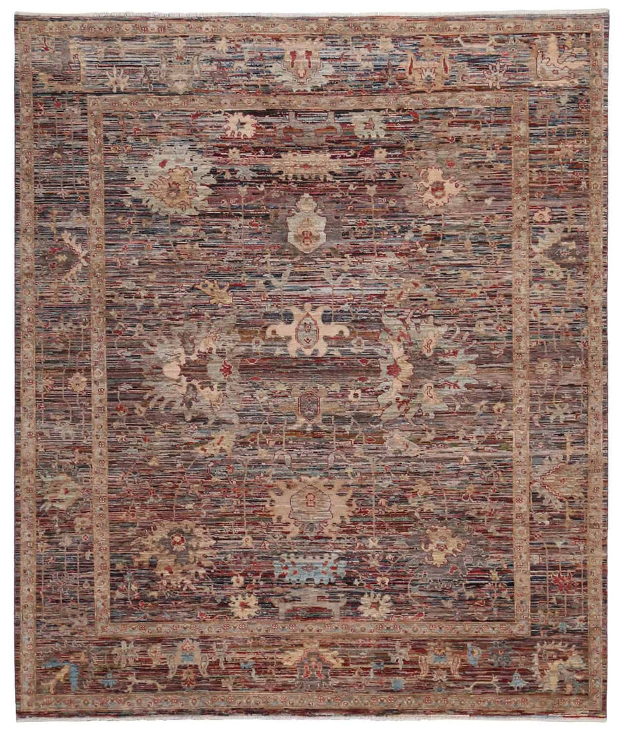 Dark Brown Afghan Rug with Light Flowers, 293 × 243 cm, overall view.