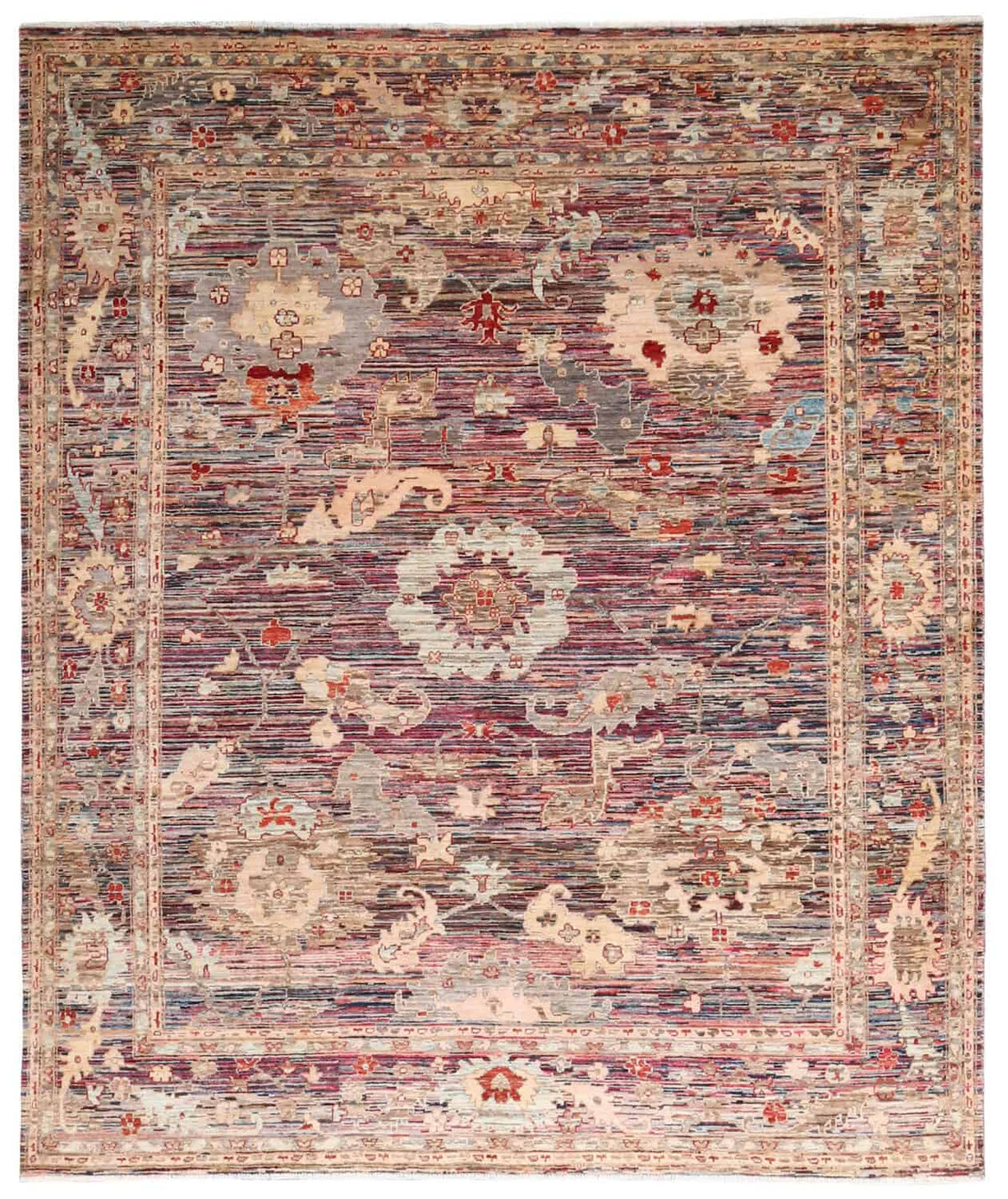 Red-Brown Afghan Rug with Cream Flowers, 293 × 242 cm, overall view.