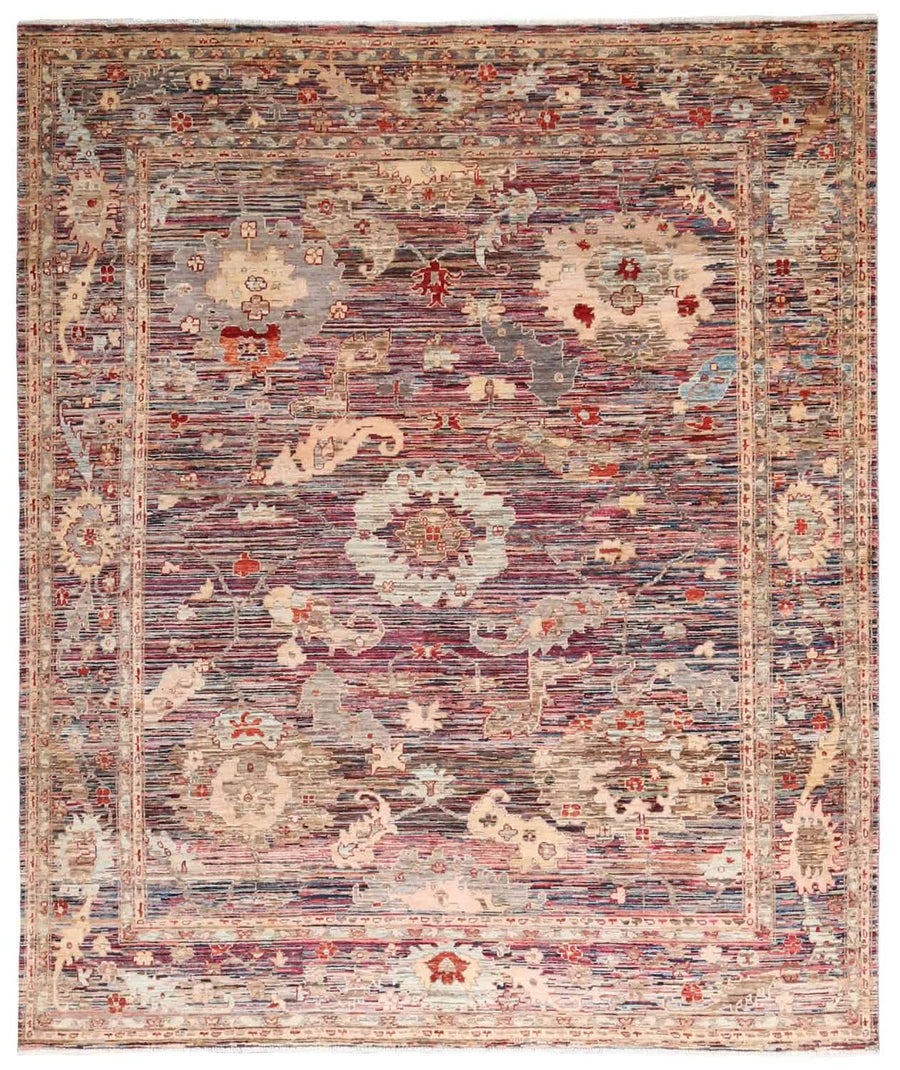 Red-Brown Afghan Rug with Cream Flowers, 293 × 242 cm, overall view.