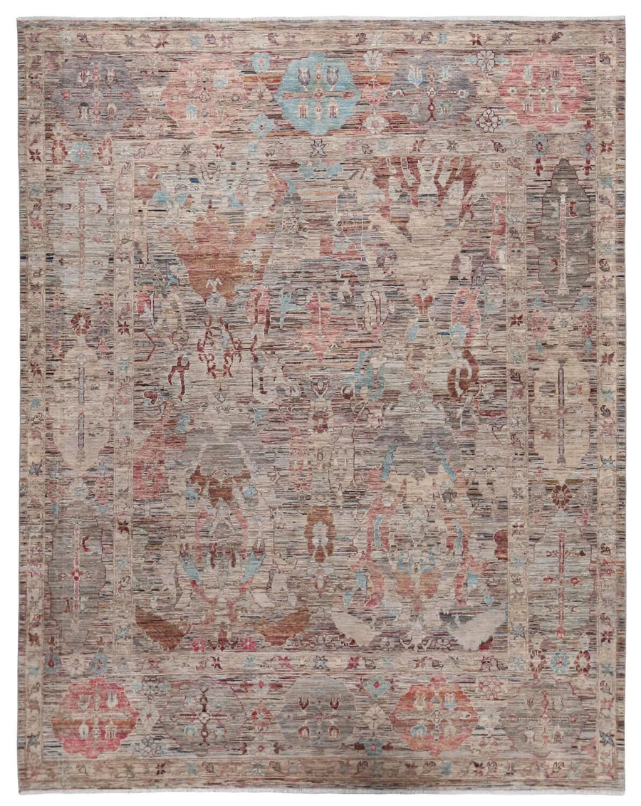 Pink & Blue Art Deco Floral Rug, 350 × 271 cm, overall view.