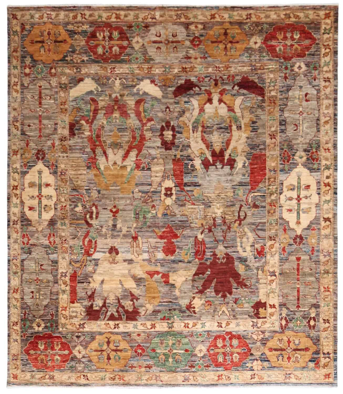 Art Deco Wool Rug with Red Floral Motifs, 294 × 250 cm, overall view.