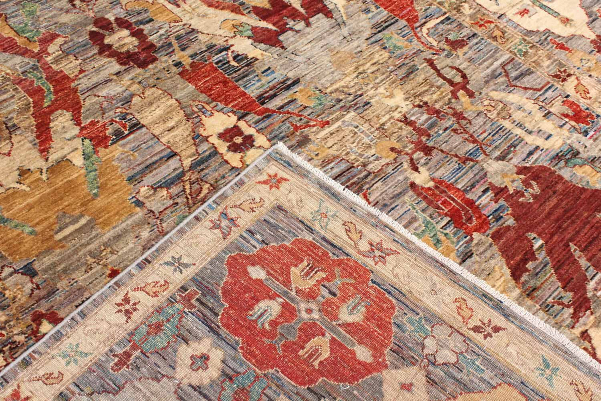 Art Deco Wool Rug with Red Floral Motifs, 294 × 250 cm, view 9.