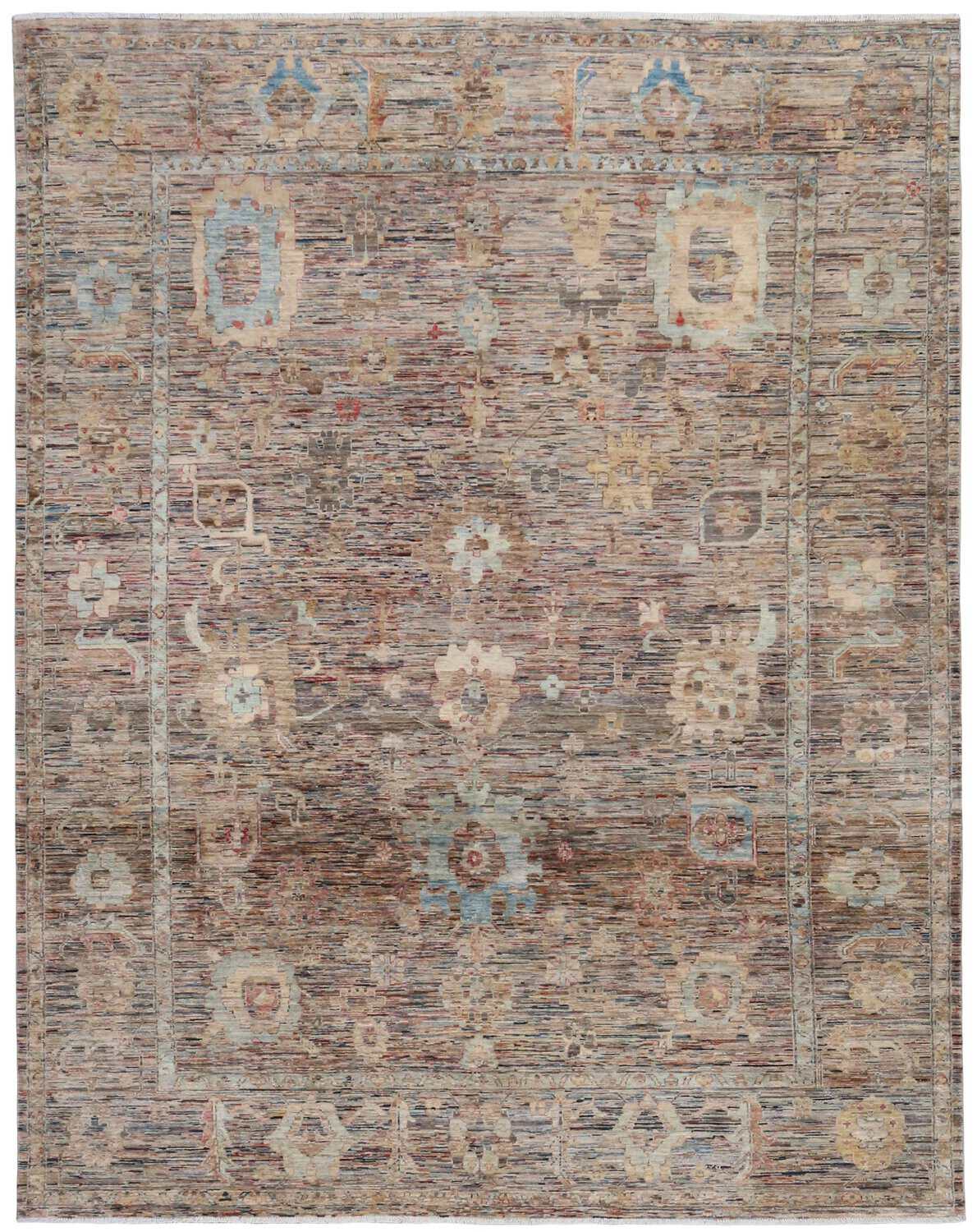 Afghan Rug with Blue Flowers & Gold Motifs, 346 × 258 cm, overall view.