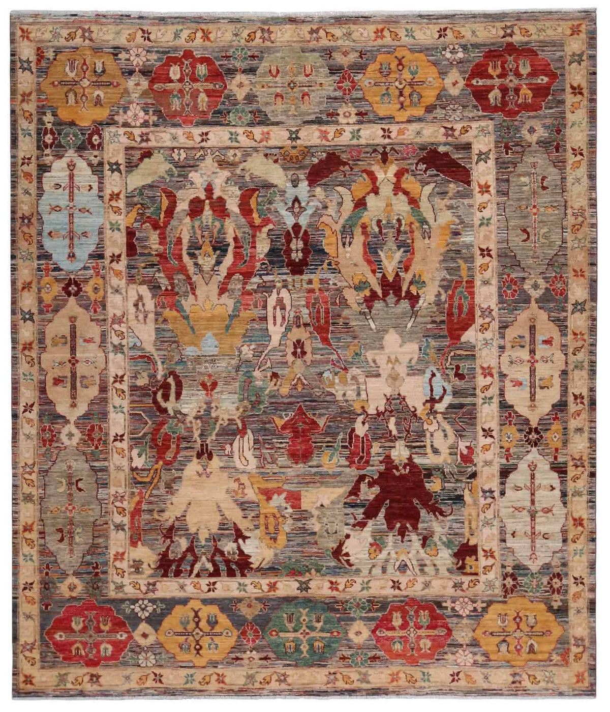 Multicolor Afghan Rug with a Floral Field, 298 × 250 cm, overall view.