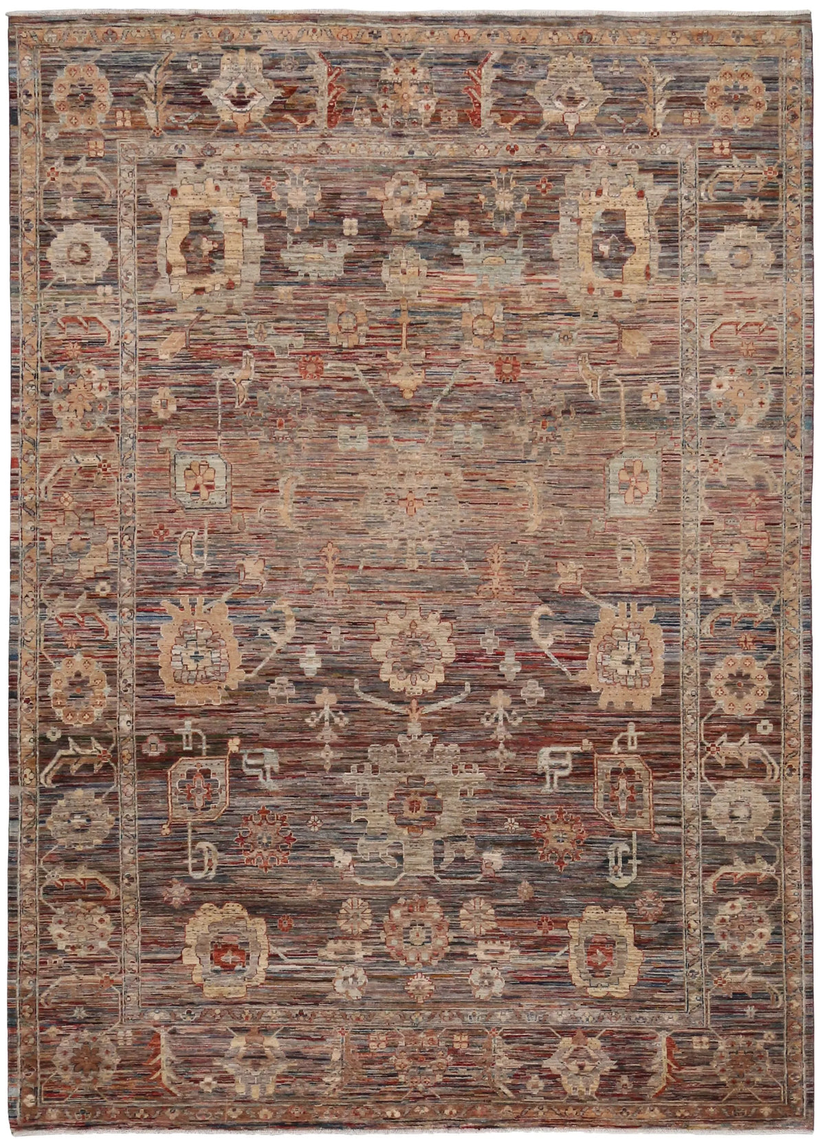Brown Afghan Rug with Large Cream Flowers, 352 × 252 cm, overall view.