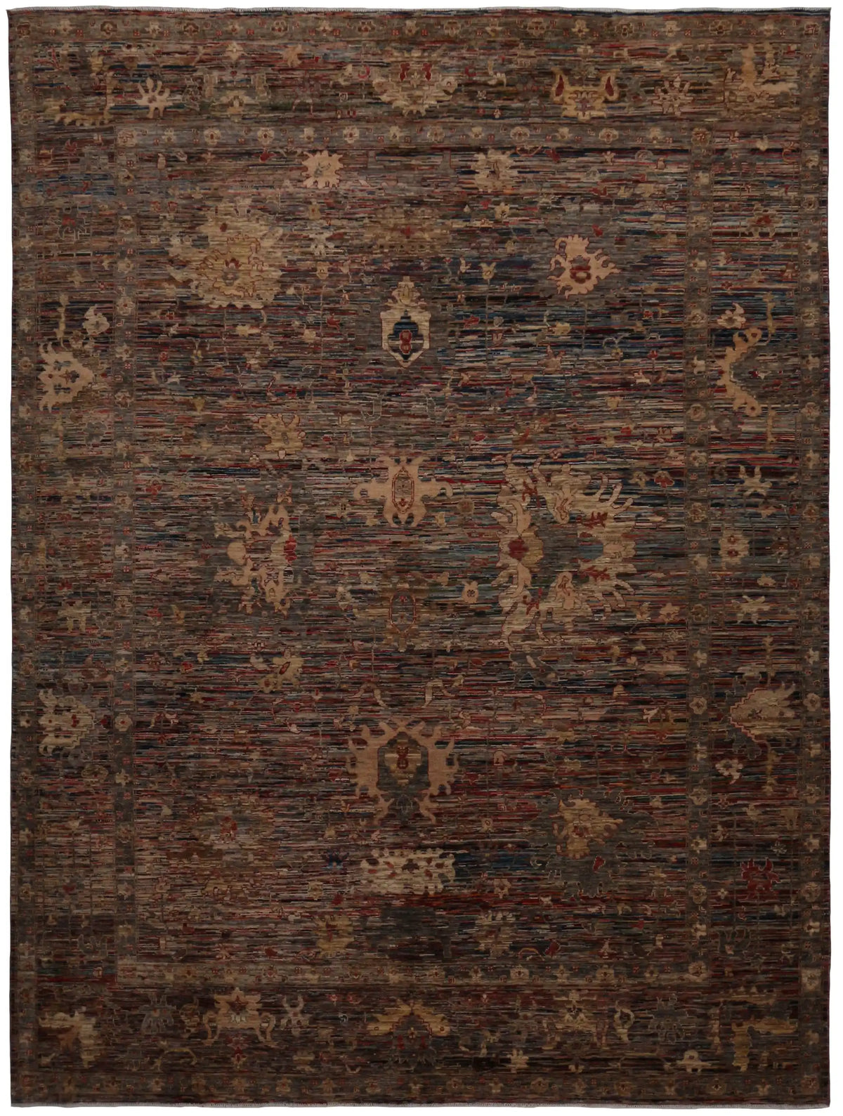 Dark Brown Afghan Rug with Floral Motifs, 387 × 299 cm, overall view.