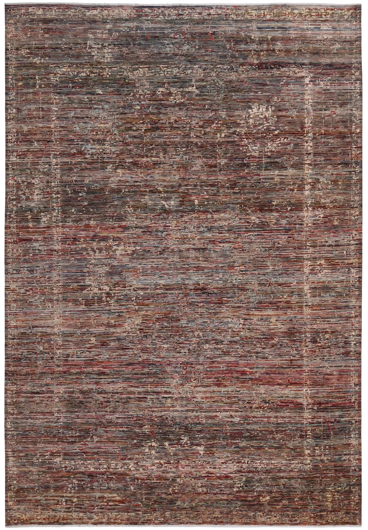 Dark Brown Berjasta Rug with Rust Lines, 364 × 254 cm, overall view.