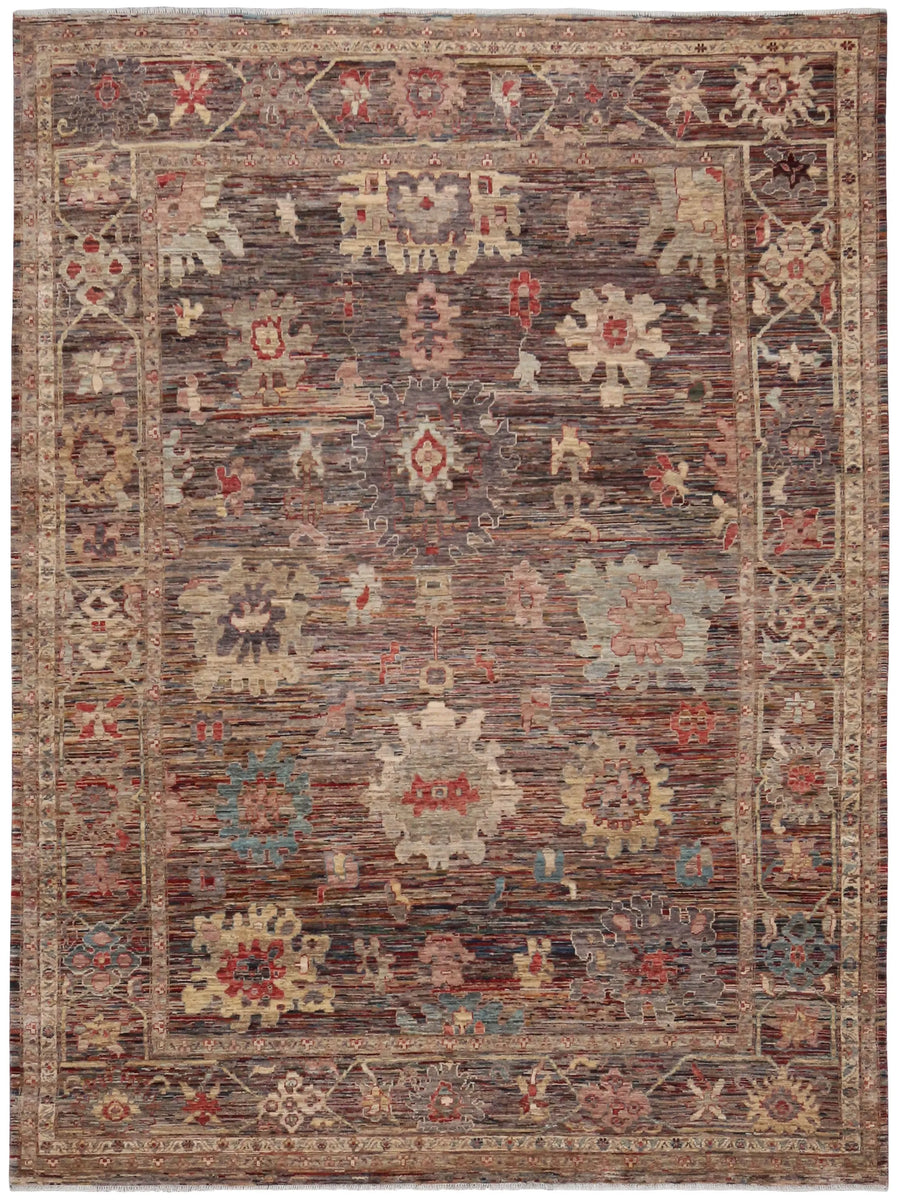 Brown Afghan Rug with Cream Rosettes, 355 × 273 cm, overall view.