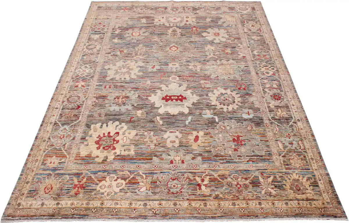Dark Afghan Rug with Cream Flowers & Red Accents, 343 × 270 cm, view 2.