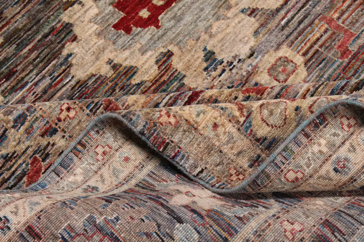 Dark Afghan Rug with Cream Flowers & Red Accents, 343 × 270 cm, view 7.