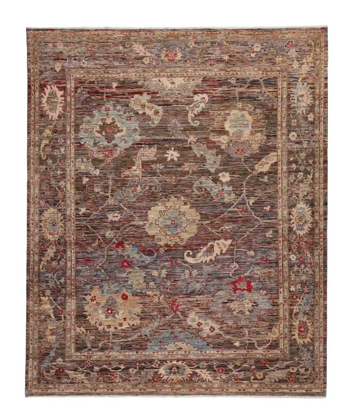 Brown Wool Rug with Cream & Red Flowers, 310 × 249 cm, overall view.