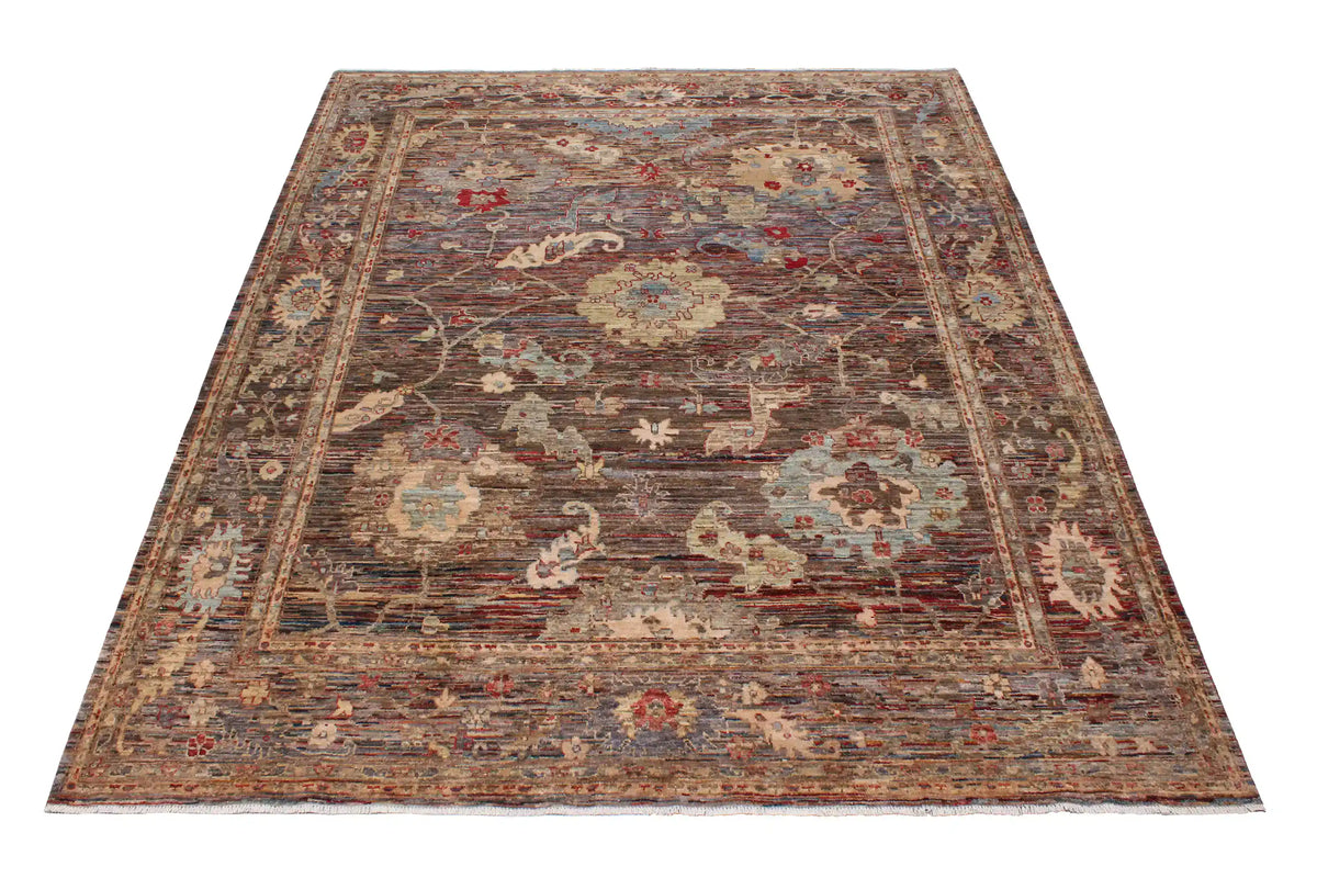 Brown Wool Rug with Cream & Red Flowers, 310 × 249 cm, view 2.