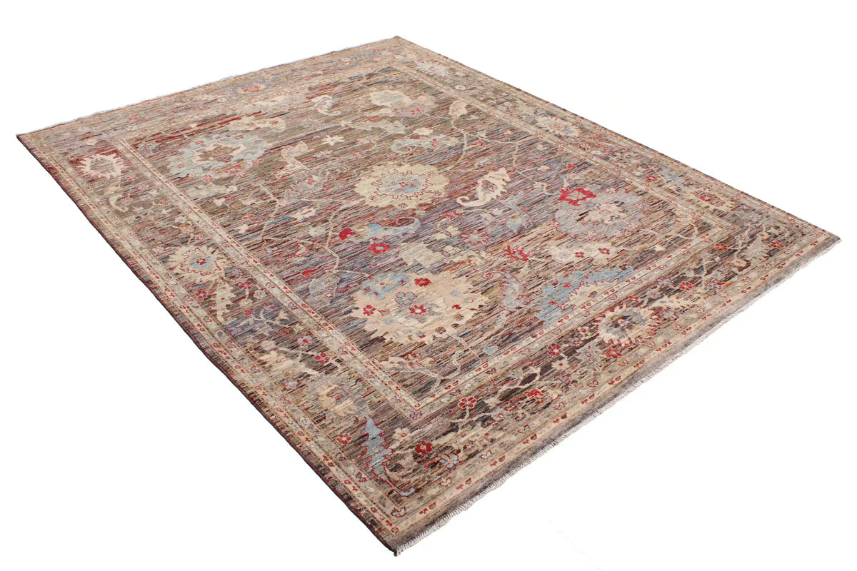 Brown Wool Rug with Cream & Red Flowers, 310 × 249 cm, view 3.