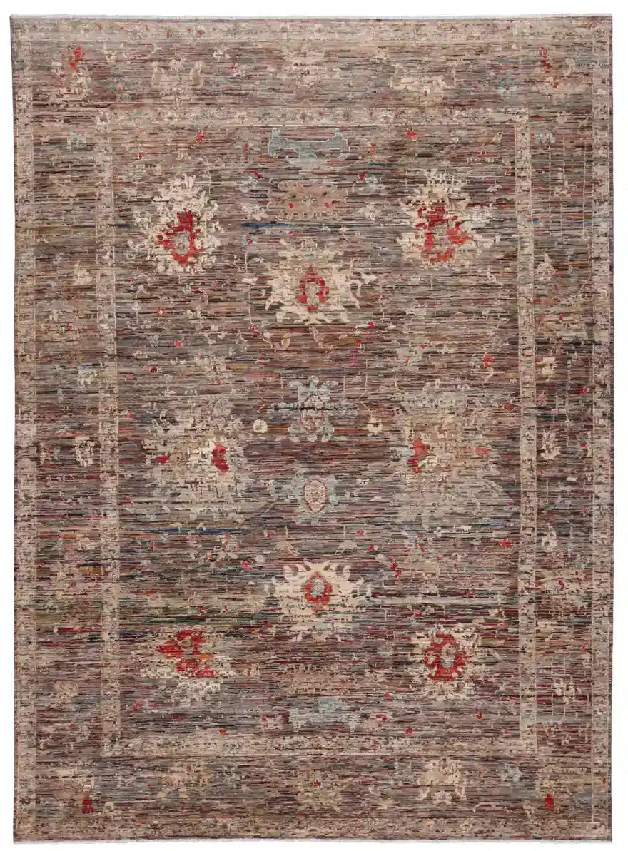 Gray Afghan Rug with Small Red Flowers, 345 × 249 cm, overall view.