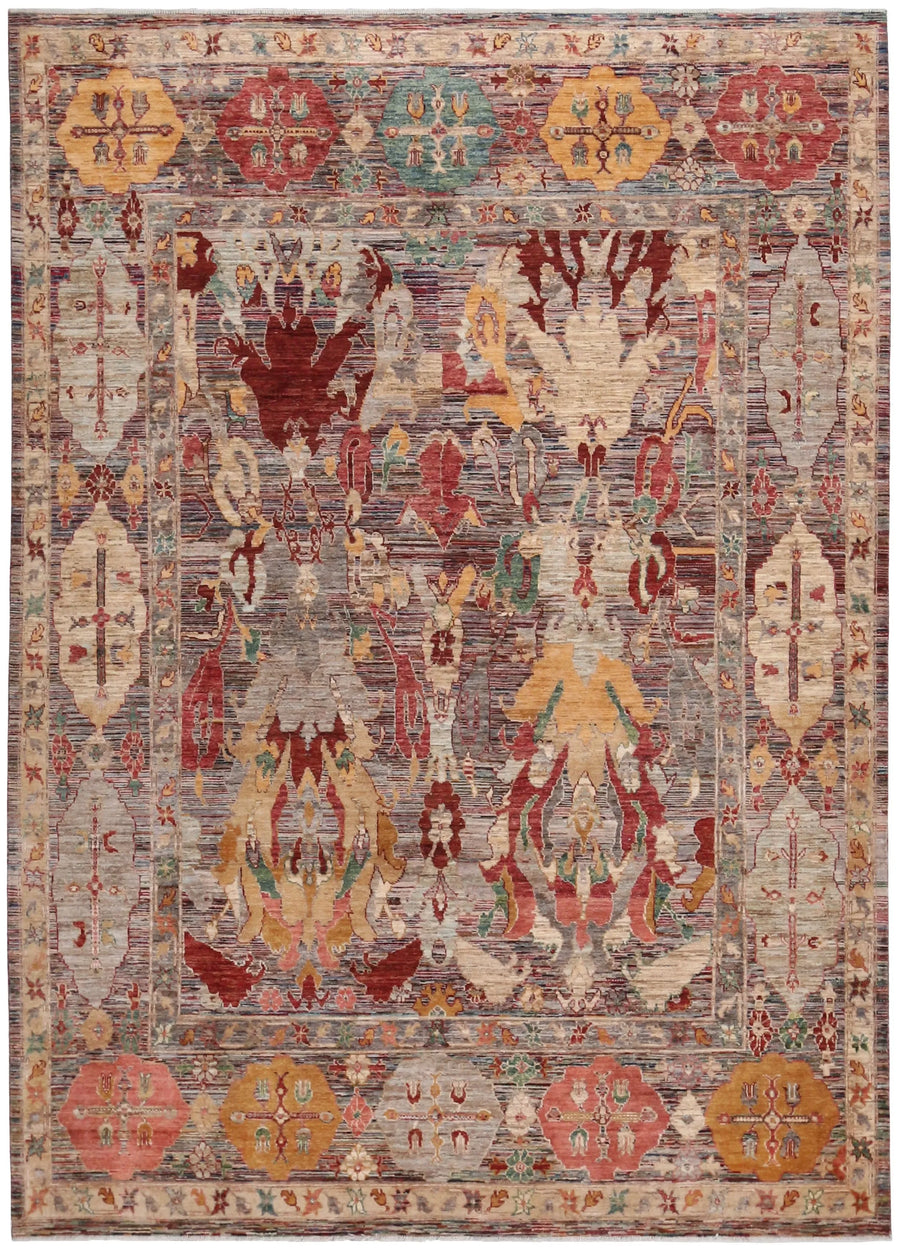 Afghan Rug with Cream, Red & Gold Leaf Motifs, 347 × 248 cm, overall view.