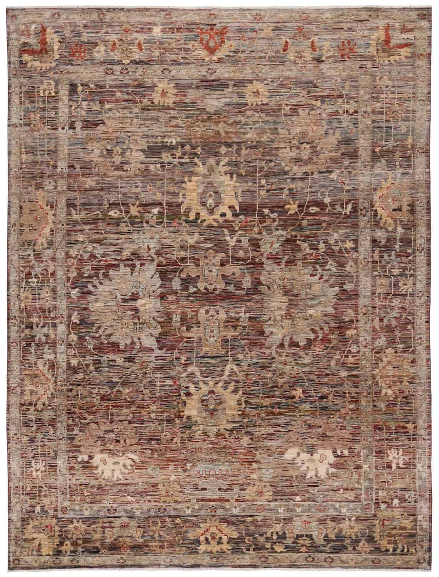 Brown Afghan Rug with Cream Flowers & Vines, 349 × 245 cm, overall view.