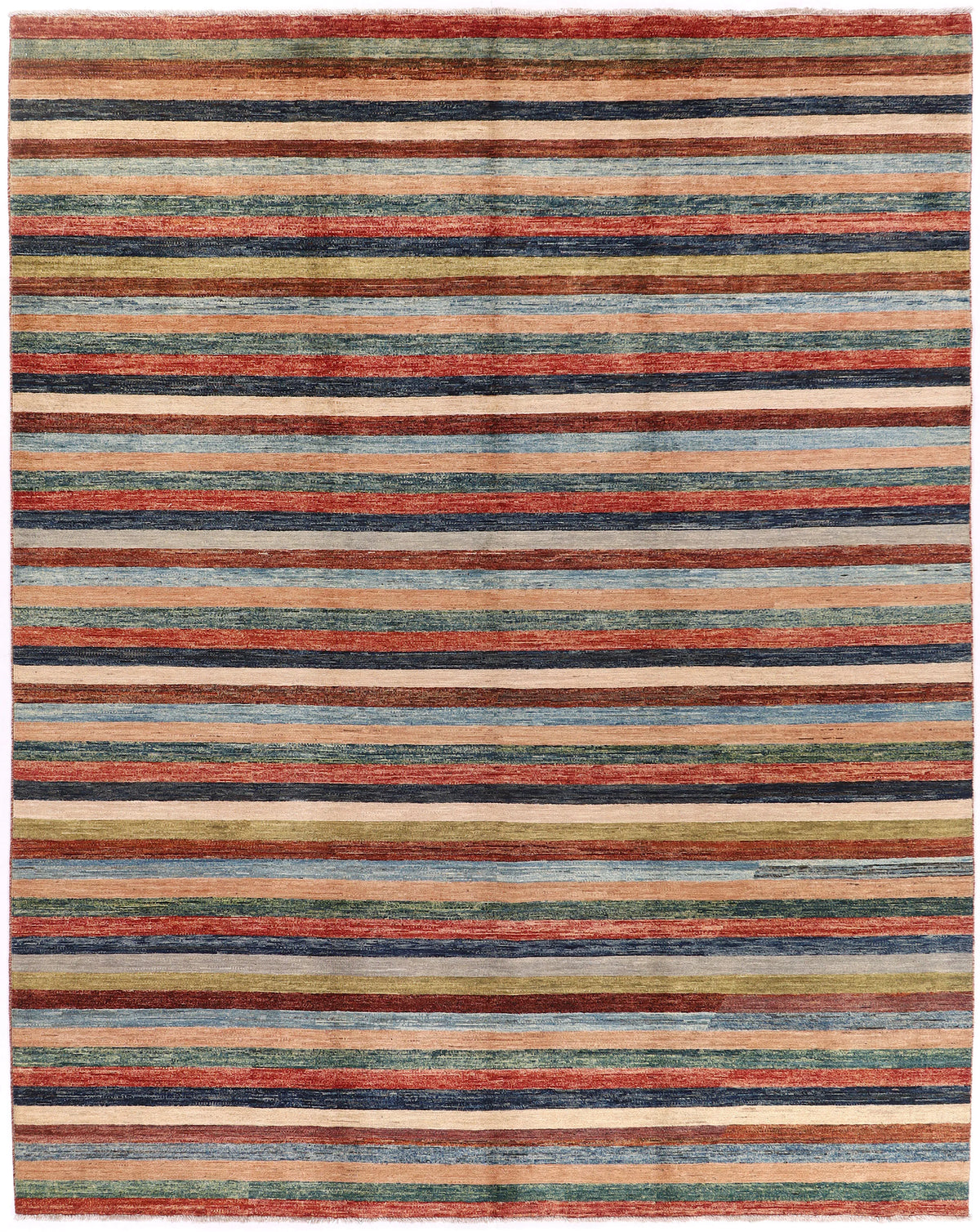 Afghan Rug with Fine Rust Red & Blue Stripes, 295 × 237 cm, overall view.