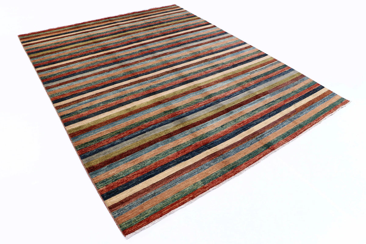 Afghan Rug with Fine Rust Red & Blue Stripes, 295 × 237 cm, view 2.