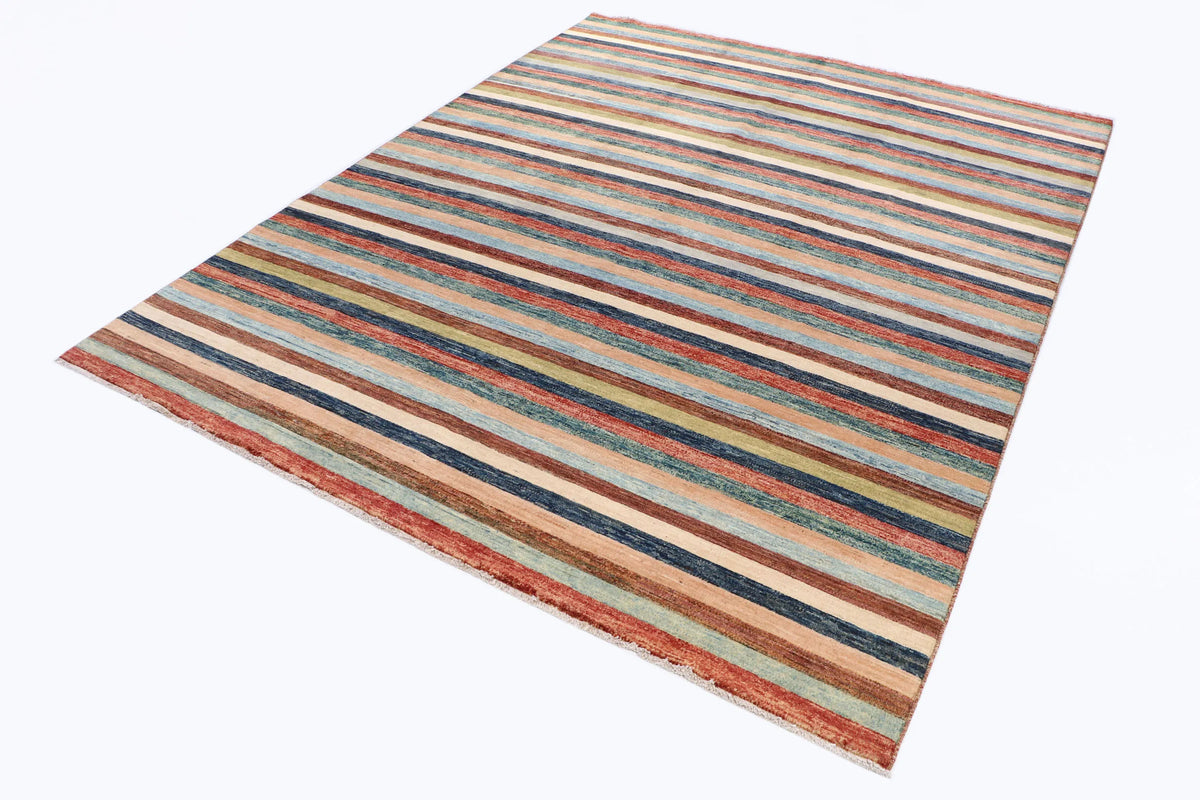 Afghan Rug with Fine Rust Red & Blue Stripes, 295 × 237 cm, view 3.