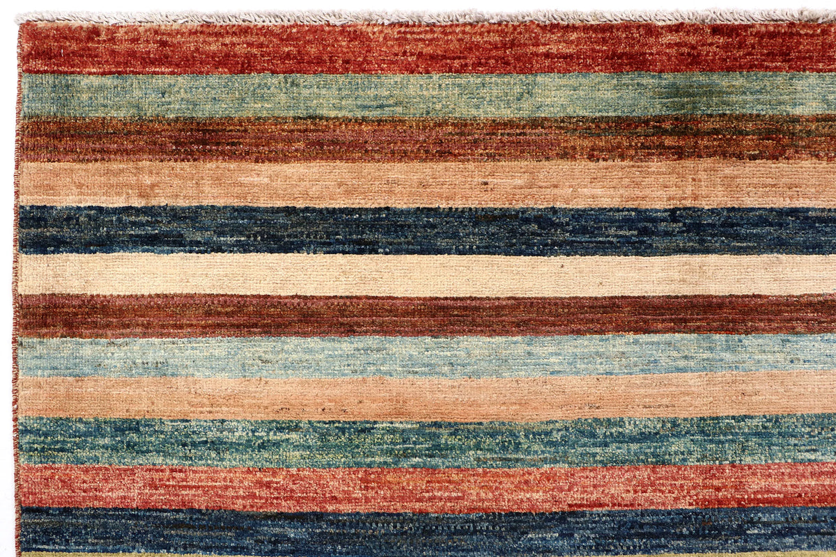 Afghan Rug with Fine Rust Red & Blue Stripes, 295 × 237 cm, view 4.
