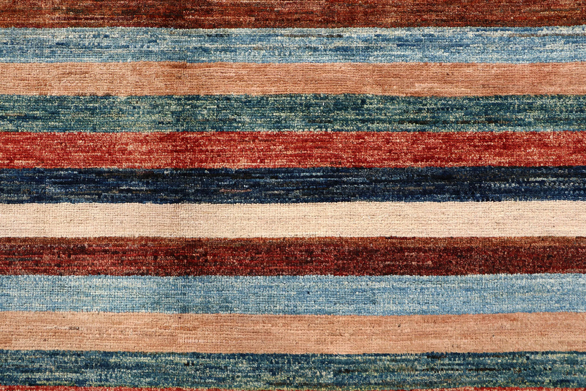 Afghan Rug with Fine Rust Red & Blue Stripes, 295 × 237 cm, view 5.