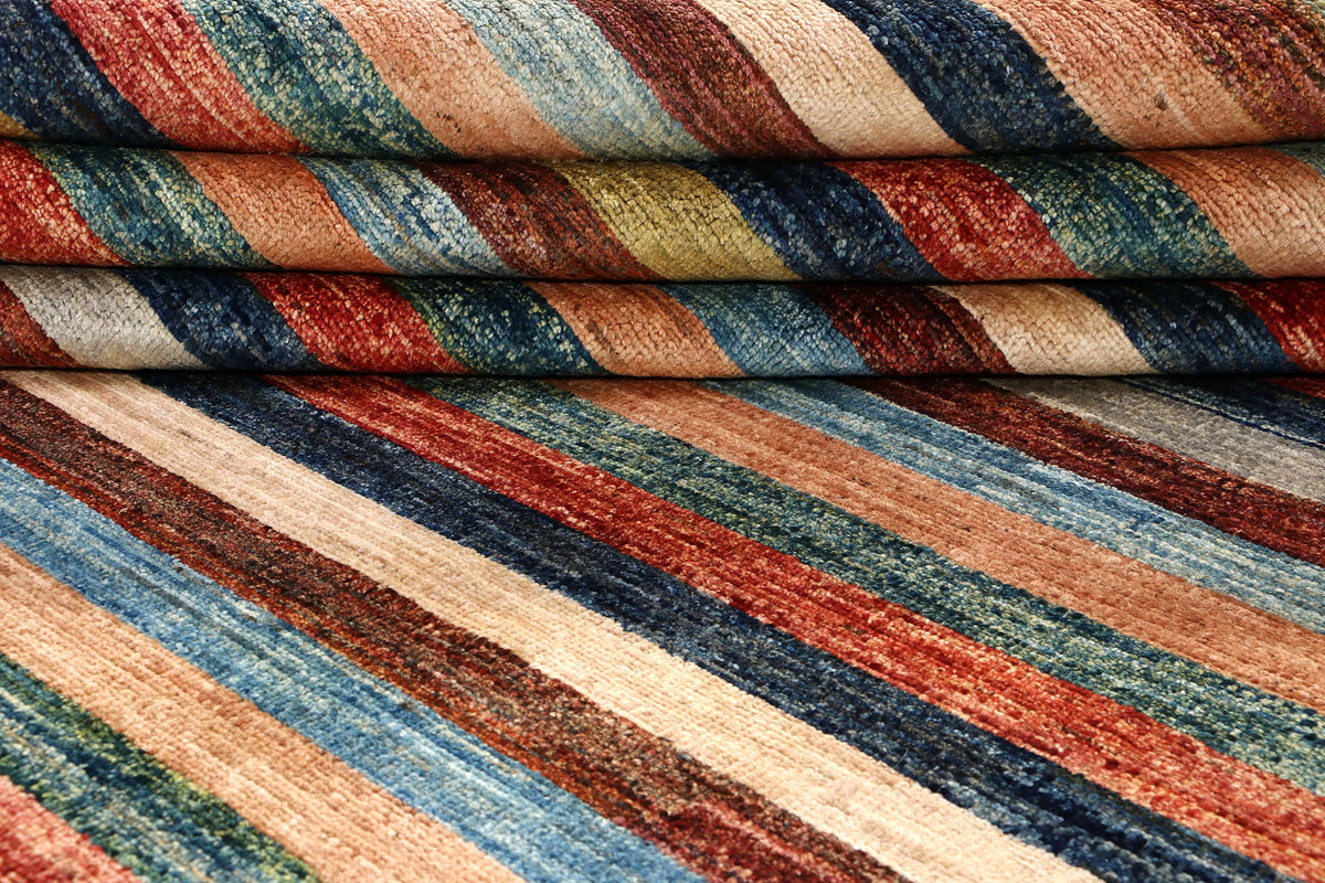 Afghan Rug with Fine Rust Red & Blue Stripes, 295 × 237 cm, view 6.