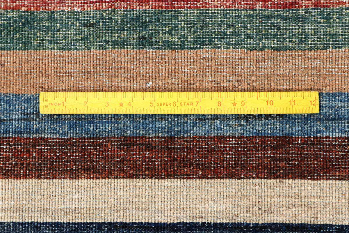 Afghan Rug with Fine Rust Red & Blue Stripes, 295 × 237 cm, view 7.
