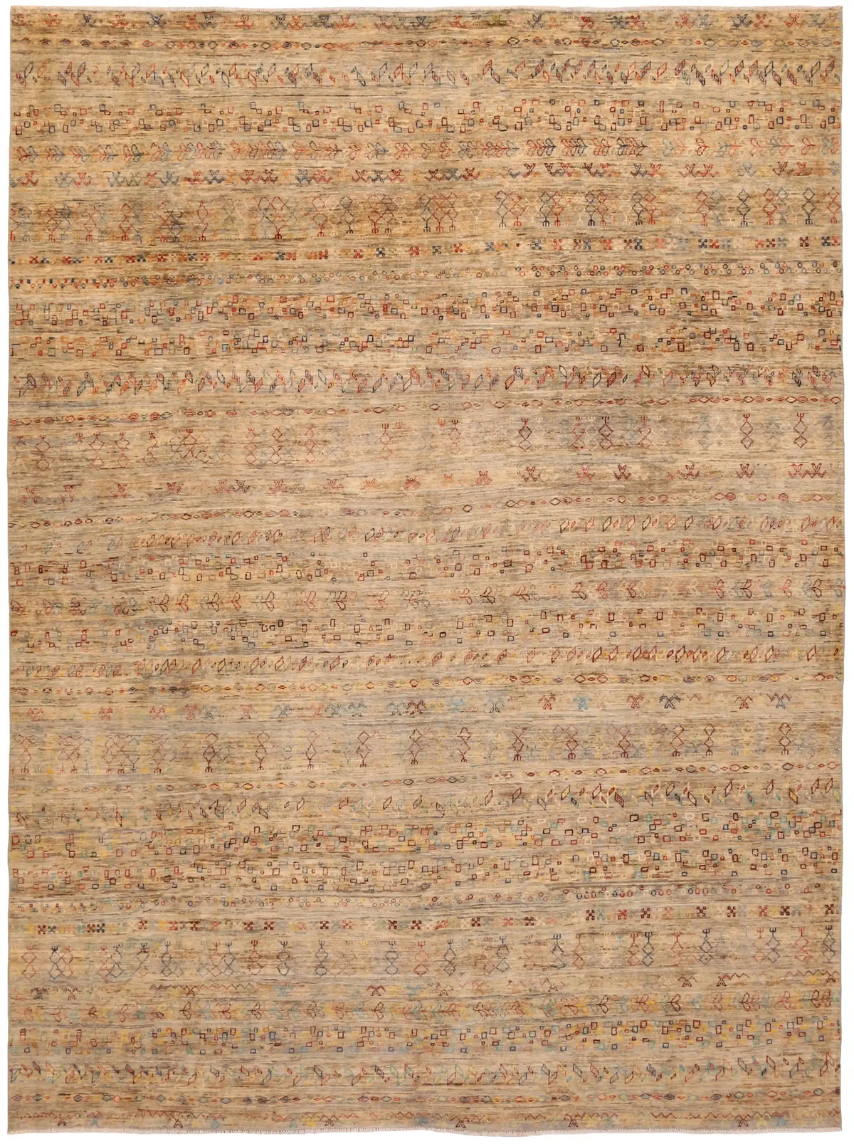 Beige Berjasta Rug with Fine Ornament Rows, 380 × 300 cm, overall view.