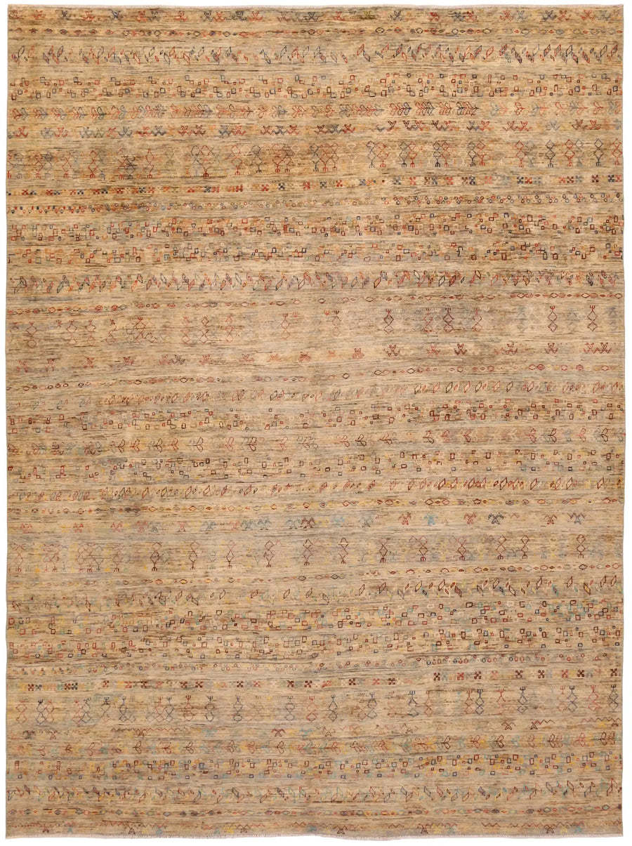 Beige Berjasta Rug with Fine Ornament Rows, 380 × 300 cm, overall view.