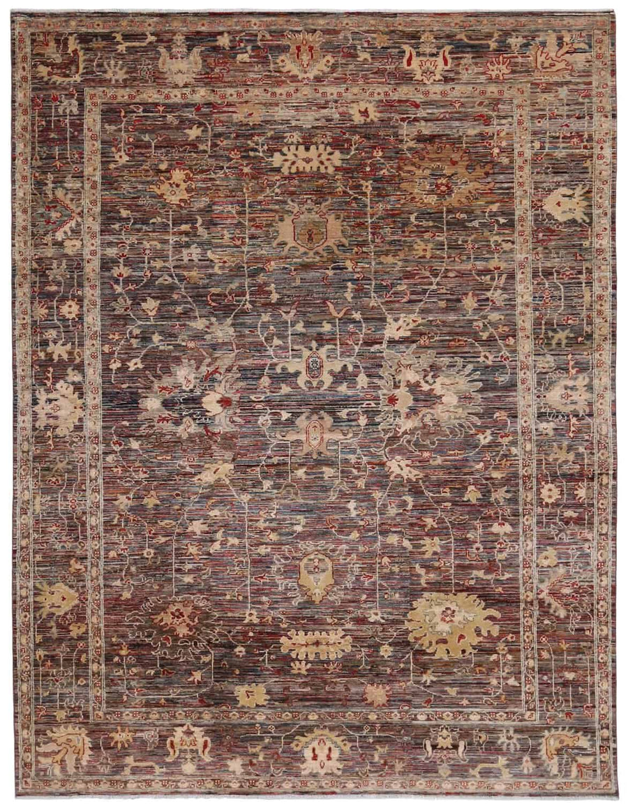 Brown Afghan Rug with Dense Floral Motifs, 345 × 248 cm, overall view.
