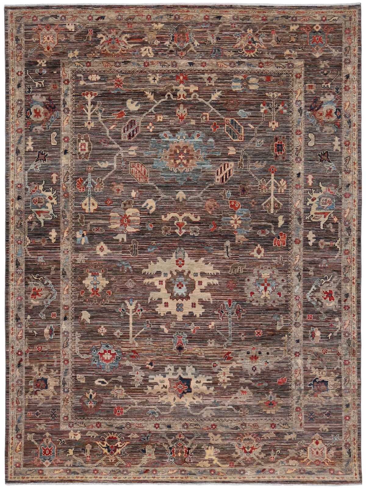 Dark Gray Afghan Rug with Large Light Flowers, 357 × 256 cm, overall view.