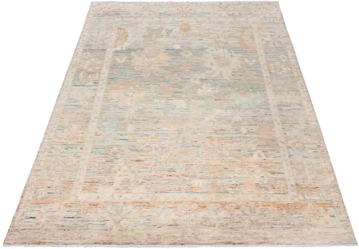Beige Afghan Rug with Aqua Flowers, 369 × 259 cm, view 2.