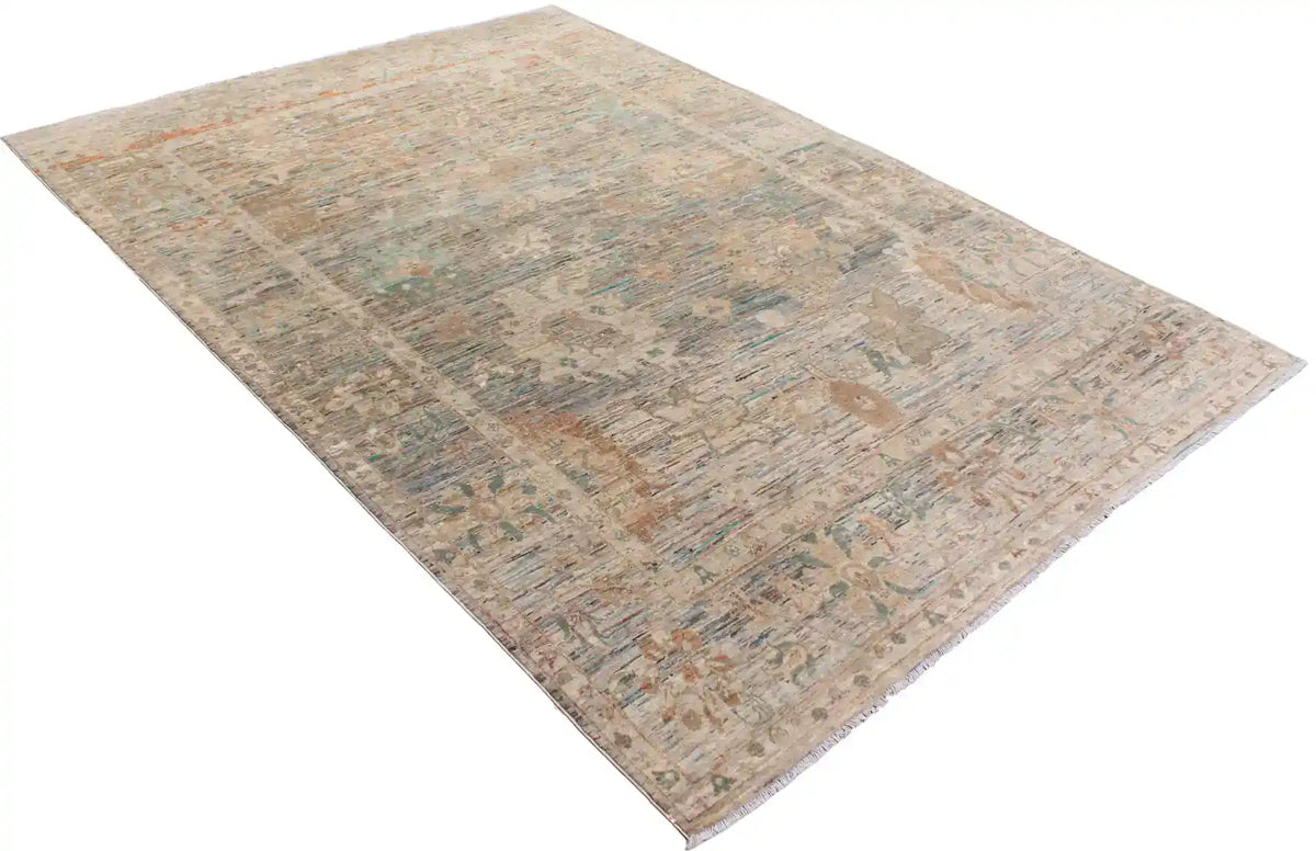 Beige Afghan Rug with Aqua Flowers, 369 × 259 cm, view 3.