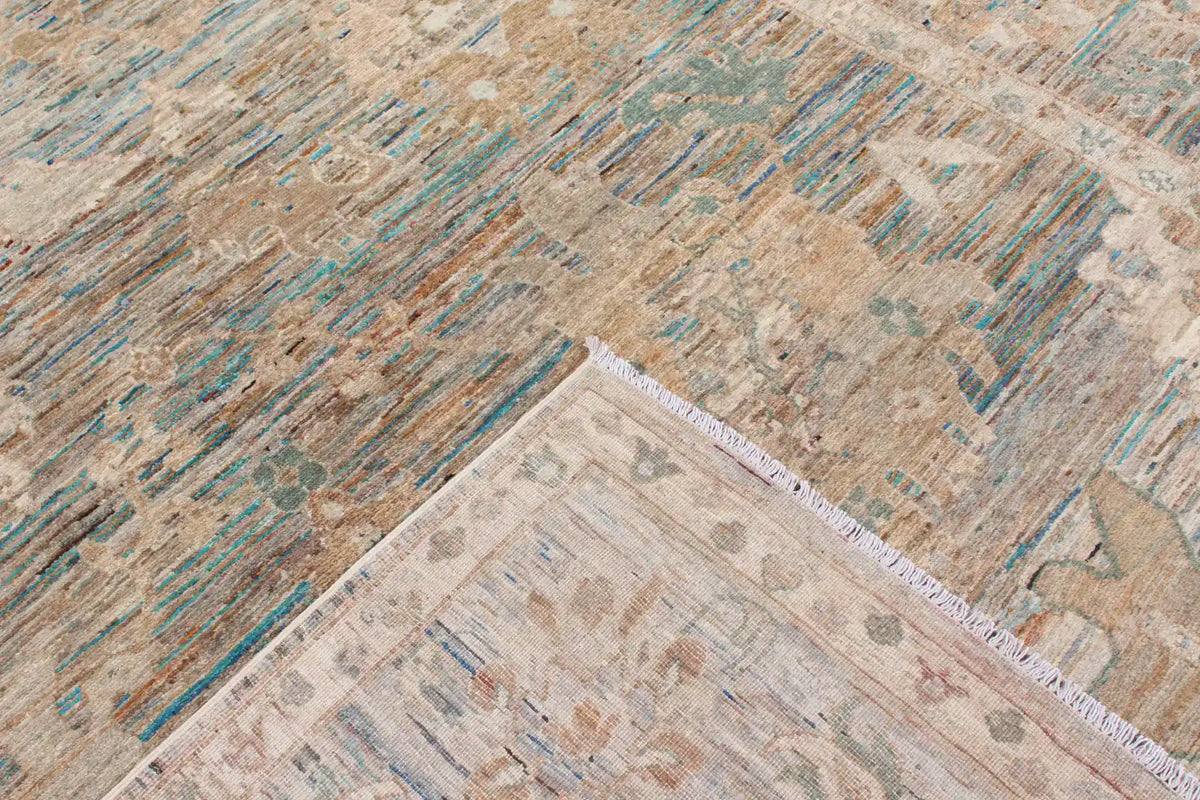 Beige Afghan Rug with Aqua Flowers, 369 × 259 cm, view 5.