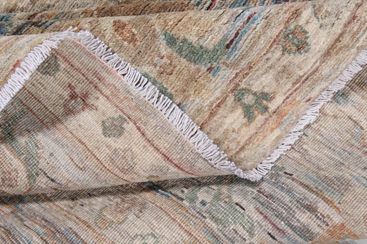 Beige Afghan Rug with Aqua Flowers, 369 × 259 cm, view 6.