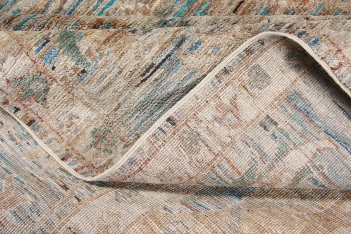 Beige Afghan Rug with Aqua Flowers, 369 × 259 cm, view 7.