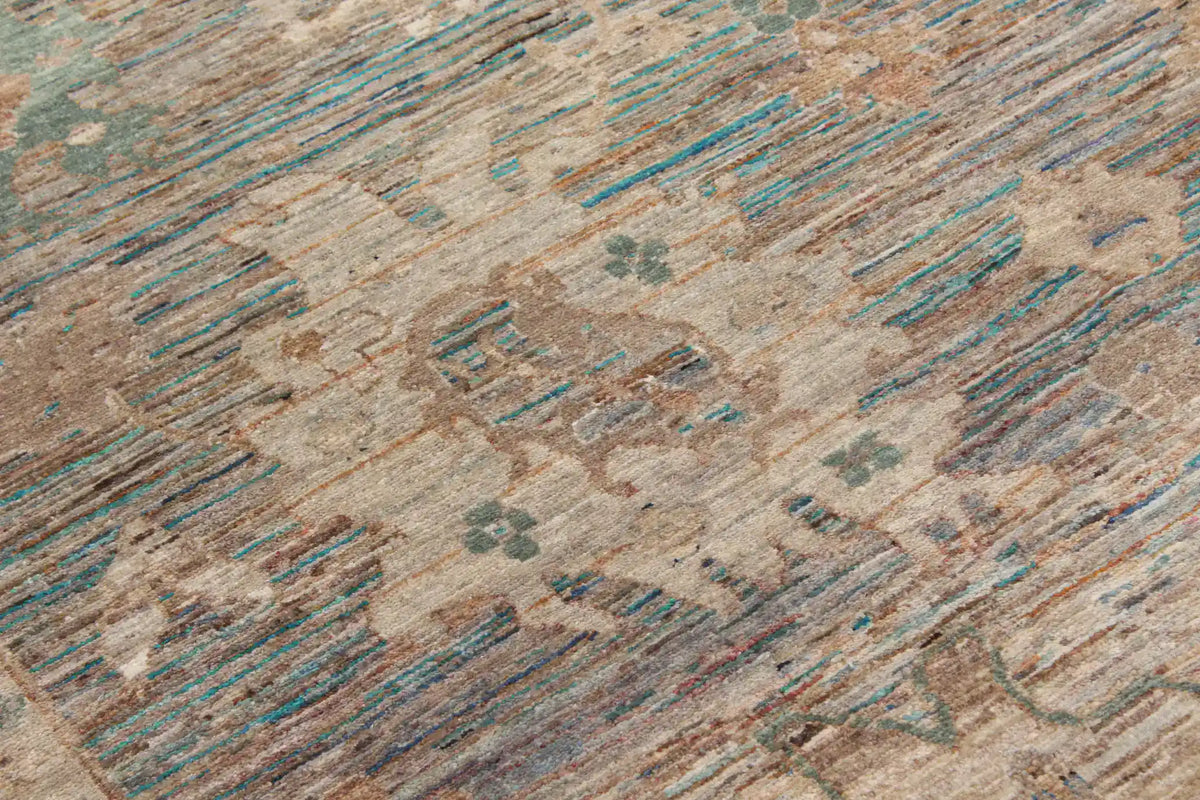 Beige Afghan Rug with Aqua Flowers, 369 × 259 cm, view 8.