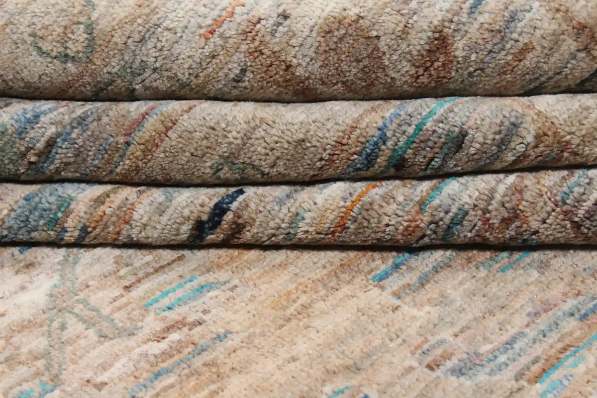 Beige Afghan Rug with Aqua Flowers, 369 × 259 cm, view 9.